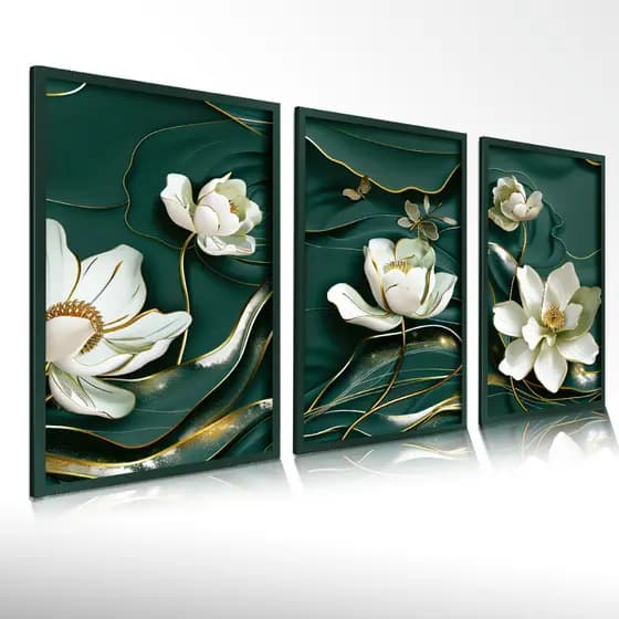 Quadro Decorativo Sala Flores Verdes Brancas Douradas Quarto