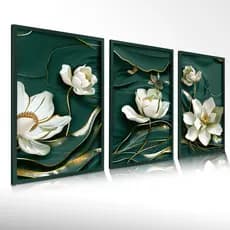 Quadro Decorativo Sala Flores Verdes Brancas Douradas Quarto