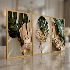Quadro Decorativo Folhas Planta Costela de Adão Verde Amazonia Dourado Sala Casa Hall Escritório