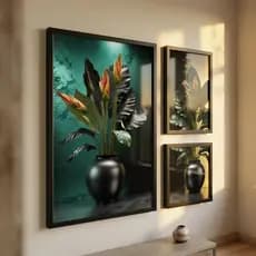 Kit 3 Quadros Decorativos Florais Modernos com Folhagens Tropicais Sala Quarto Escritorio