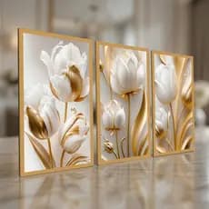 Quadro Decorativo Flores Tulipas Brancas Douradas Sala Hall Quarto Casa