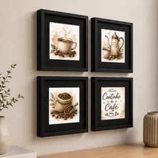 Quadros Decorativos Kit 4 Cantinho Café Vintage Gourmet Elegante, Moldura, Sala Escritório Cantinho Cozinha Aconchegante