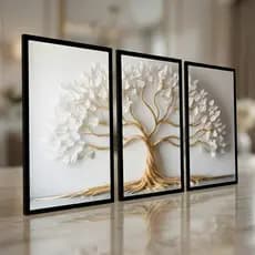 Quadro Decorativo Árvore da Vida Branca e Dourada Arte Cerejeira Sala Hall Escritório Casa
