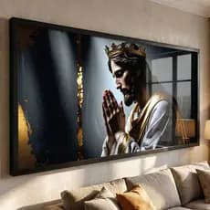 Quadro Decorativo Jesus em Oração Coroa Dourada Luxo 4K Tela Única C/Moldura Preta, Sala, Hall, Quarto Cabiceira, Casa