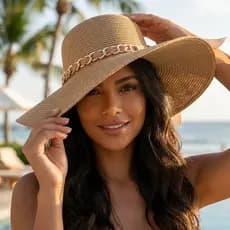 Chapéu Feminino Praia Aba Larga De Palha Com Corrente Dourada Estilo Elegante Verão Passeio CPF-13