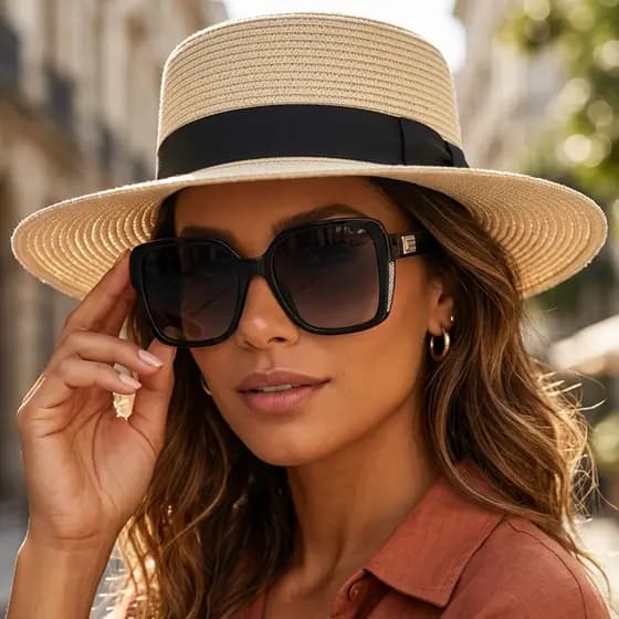 Kit Chapéu Feminino Elegante + Óculos Oversized MD-31 Proteção UV400 Look Completo Verão Moda