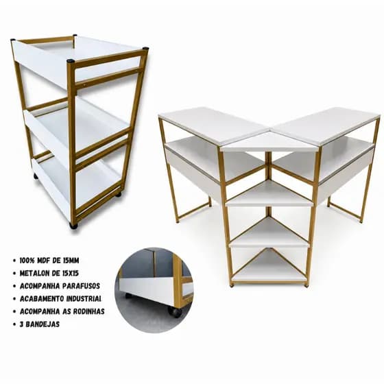 Kit Mesa para Manicure em L Padrão Indusrial com Carrinho Organizador 3 Bandejas em Metalon 15mm