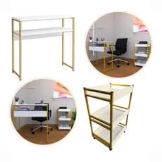 Kit Mesa de Manicure Industrial + Carrinho Auxiliar Industrial Branco e Dourado Super Reforçado