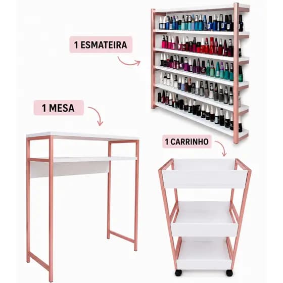 Kit Carrinho Auxiliar +Mesa Manicure +Expositor para Esmaltes