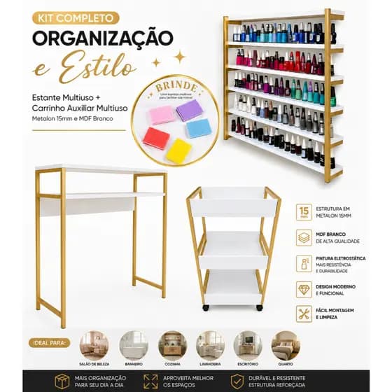 Kit Modelo Industrial Carrinho Auxiliar + Expsitor de Esmaltes +Mesa Manicure nas Cores Dourada,Rose, Preta MDF Branco