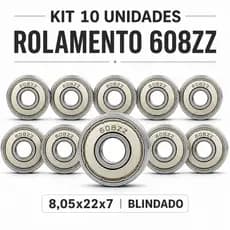 Jogo 10 Rolamentos 608ZZ Blindado Para Skate Patins Longboard 8,05x22x7 Alta Durabilidade Aço Carbono