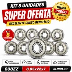 Kit 8 Rolamentos 608ZZ Custo Benefício Para Skate Patins Longboard Alta Qualidade Durável 8,05x22x7