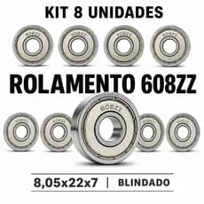 Kit 8 Rolamentos 608ZZ Blindado Para Skate Patins Longboard 8,05x22x7 Alta Durabilidade Aço Carbono