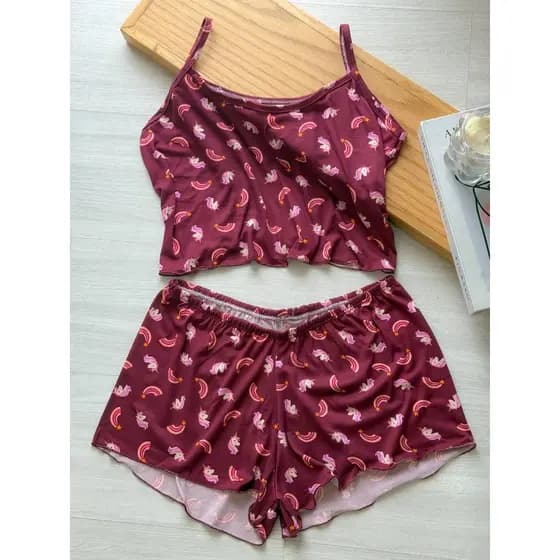 Conjunto Pijama Baby Doll Virginia Alcinha Blusa Cropped e Short Ondinha Malha Fria Verão