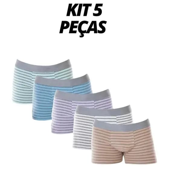 Kit 5 Cuecas Boxer Listras Algodão Conforto Masculino Adulto