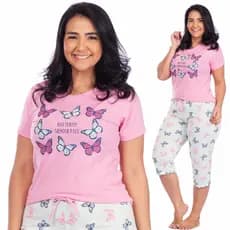 Pijama Capri Feminino Manga Curta Pescador Meia Perna Verão Casual Confortavel