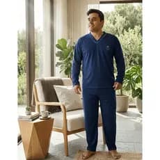 Pijama Longo Masculino Liso Inverno Outono Manga Longa Gola V