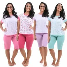 Kit 3 Pijamas Pescador Feminino Short Comprido Manga Japonesa Senhora Malha Leve Confortavel
