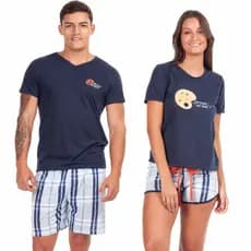 Kit Pijama Casal Manga Curta e Short Curto Verão Malha Confortavel