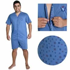 Pijama Masculino Aberto com Botões Manga Curta e Short Verão Estampado Americano Malha Macia