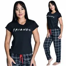 Pijama Longo Feminino Manga Curta Friends Confortavel Barato Malha Macia