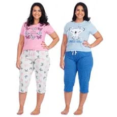 Kit 2 Pijamas Capri Feminino Manga Curta Pescador Meia Perna Verão Casual Confortavel