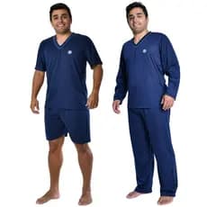 Kit 2 Pijamas Masculino Curto Verão e Longo Inverno Gola V e Bordado Malha Leve e Macia