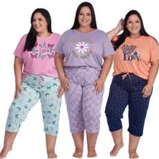 Pijama Capri Feminino  Plus Size Manga Curta Pescador Meia Perna Verão Casual Confortavel