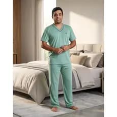 Pijama Masculino Longo M/ Manga Gola V Confortavel Bordado no Peito