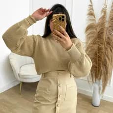 Cropped Trico Feminino Blusa Manga Bufante Tricot Inverno Manga Longa