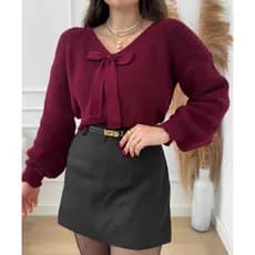 Cropped Feminino Tricot Blusa Inverno Manga Bufante Gola V Laço