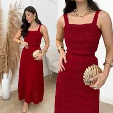Conjunto Longo Saia Cropped Feminino Tricot Rendado Moda Verão Blogueira