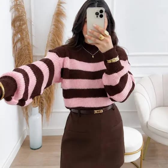 Cropped Feminino Tricot Listrado Manga Bufante Inverno Blusa Trico