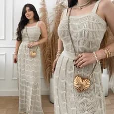 Conjunto Cropped e Saia Longa em Tricot Crochê Rendado Feminino Boho Chic