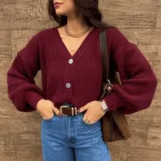 Cardigan Feminino Trico Acabamento Superior Grosso Encorpado Manga Bufante Casaco Botões Inverno