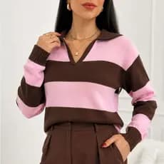 Blusa Tricô Modal Feminina Listrada Manga Longa Gola Polo Confortável Macia Inverno