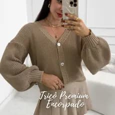 Casaco Tricô Premium Manga Bufante Cardigan Feminino Elegante Tricô Grosso Inverno Encorpado