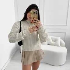 Blusa Sueter Tricot Feminino Inverno Trança Premium Texturizado Gola Alta Tendência Elegante