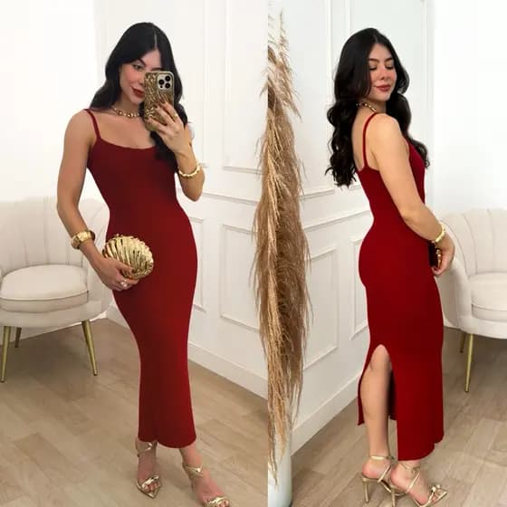 Vestido Midi Tricot Modal Feminino Alcinha Justo Fenda Elegante