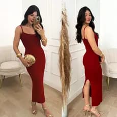 Vestido Midi Tricot Modal Feminino Alcinha Justo Fenda Elegante