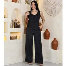 Conjunto Feminino Alfaiataria Risca De Giz Colete Decote Cuadrada Calça Pantalona Liquidação2026**