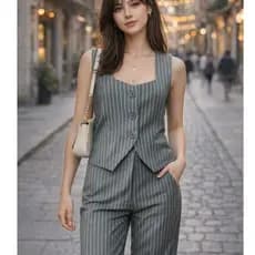 Conjunto Feminino Alfaiataria Calça Pantalona com Colete Alfaiataria Listrado Liquidaçao2026**