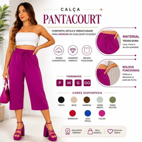 Calça Pantacourt Feminina Tecido Duna Cintura em Elástico com Amarração Decorativa