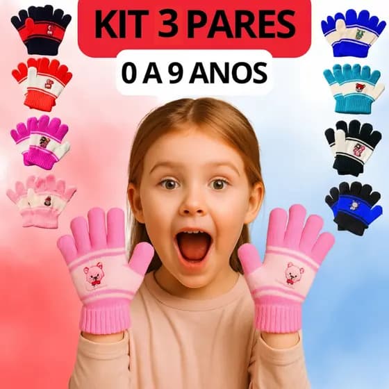 Kit 3 Luvas Infantil Menina Menino Confortável Inverno Frio