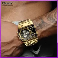 Oulm novo relógio multi-fuso horário, relógio masculino de luz noturna, relógio de quartzo casual, ouro