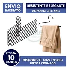 Kit 10 Cabides Calça Aberto Calceiro Resistente Elegante Luxo Aço Carbono Aramado 5kg Preto