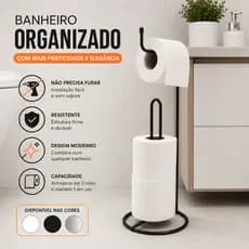 Porta Papel Higiênico De Chão Organizador Banheiro Moderno Sem Furo Preto Branco Cromado