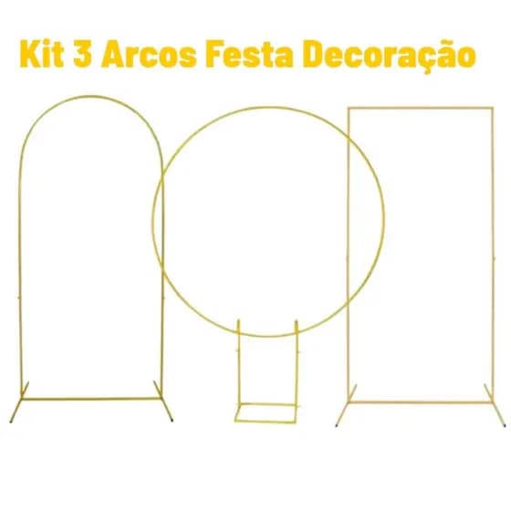Kit 3 Suportes para Festa Painel Romano + Arco Redondo + Retangular Desmontavel para Balões Eventos Decoração
