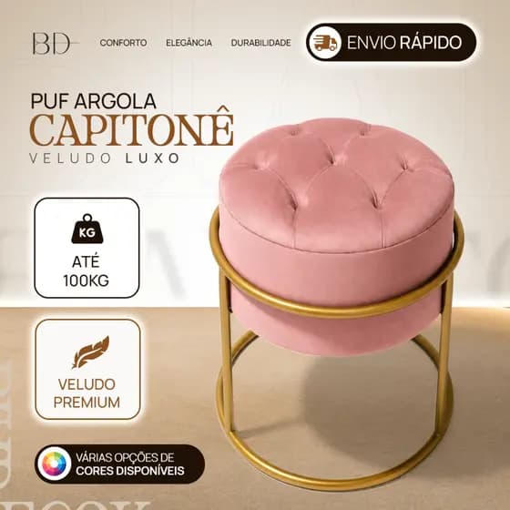Puff capitone redondo tecido veludo Banqueta Moderna Sala Loja Mesa Jantar Penteadeira