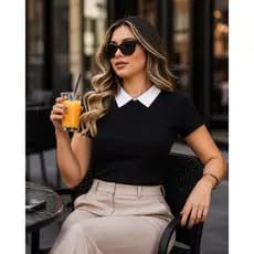 CAMISA BLUSA CANELADA FEMININA  GOLA SOCIAL  ELEGANTE MANGA CURTA BLUSINHA-TRABALHO-DIA DIA